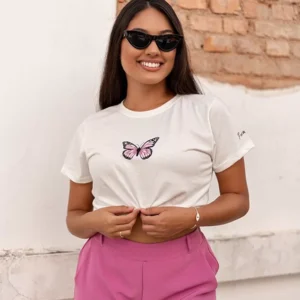 Camiseta Feminina Estonada Borboleta Off Algodão
